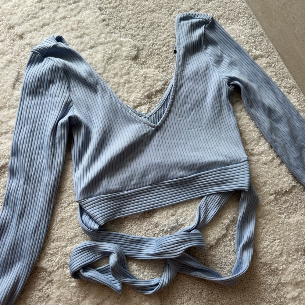 Women's Blue Ribbed Long Sleeve Top